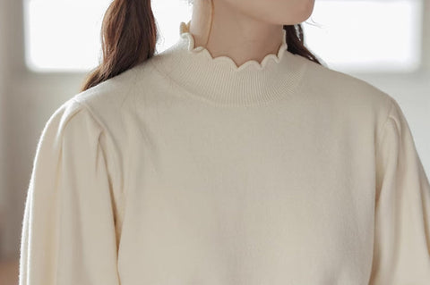 Scallop Trim Puff Sleeve Sweater