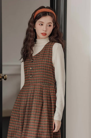 Fallen Leaves Plaid Pinafore Dress Set