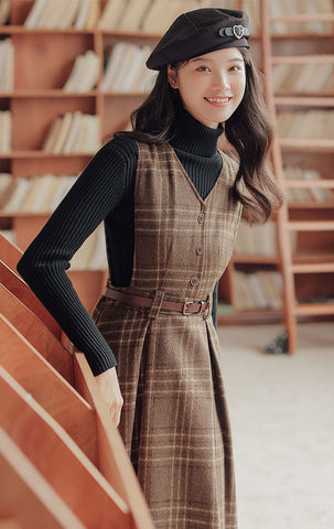 Coffee Plaid Midi Pinafore Dress