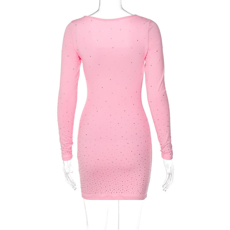 Pink Rhinestone U Neck Mini Dress