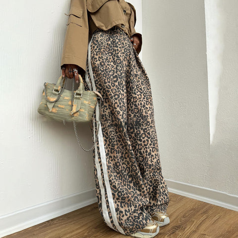Leopard Print Striped Loose Wide-leg Trousers