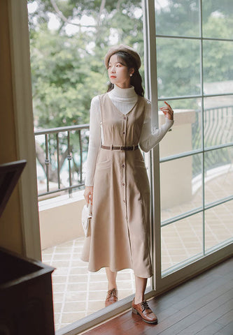 Button Up Suede Pinafore Dress