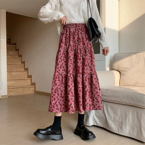 Rose Corduroy Tiered Midi Skirt