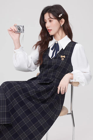 Oxford Plaid Midi Pinafore & Blouse Set