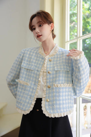 Gingham Lace Trim Tweed Jacket