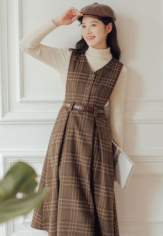 Coffee Plaid Midi Pinafore Dress