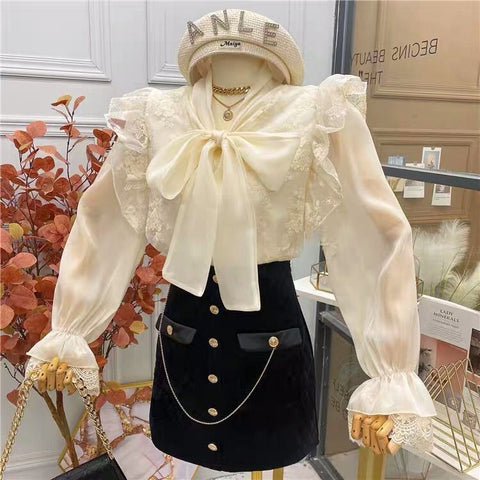 Ruffle Lace Tie Neck Blouse