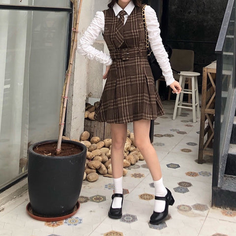 Coffee Plaid Pinafore Dress / Blouse