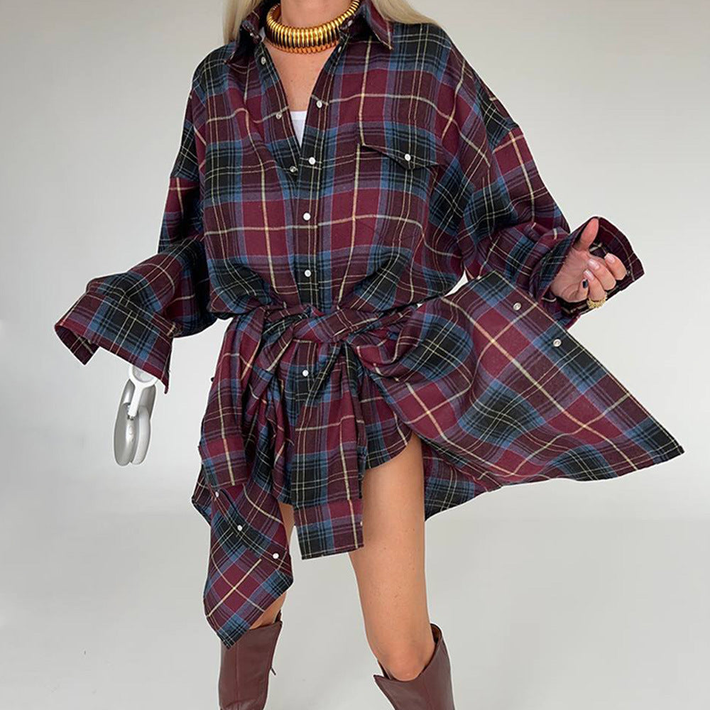 Lapel Loose Shirt Plaid Long Sleeve Shirt