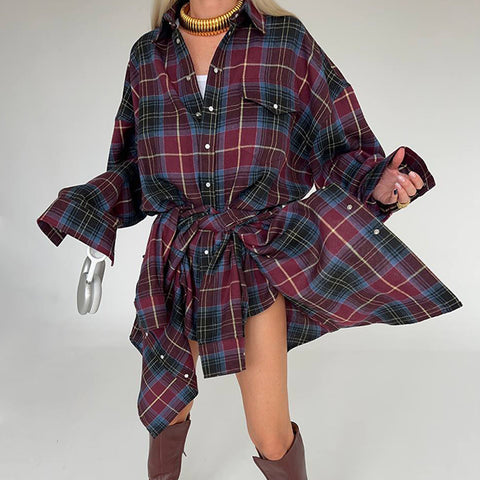 Lapel Loose Shirt Plaid Long Sleeve Shirt