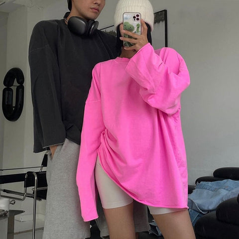 Pink Long-Sleeved Loose Solid Color Shirt