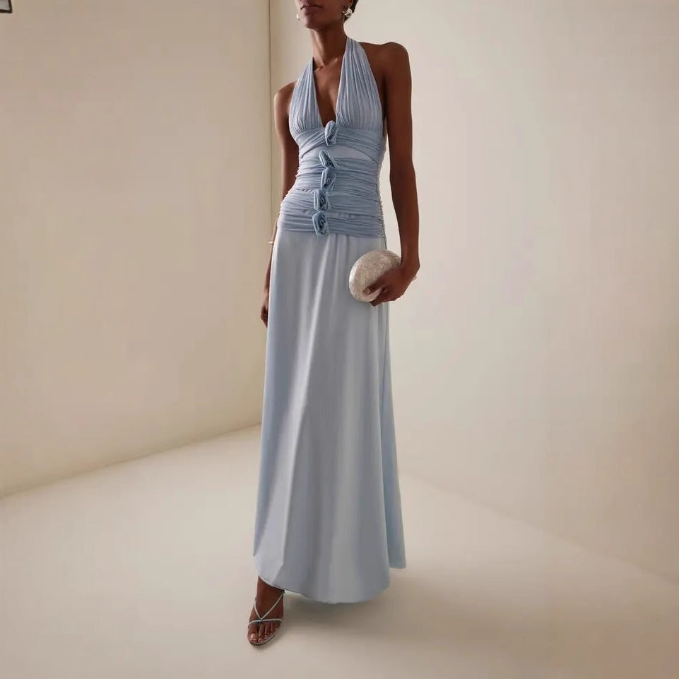 Halter Neck Floral Open Back Midi Dress