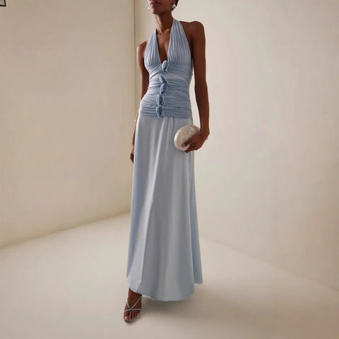 Halter Neck Floral Open Back Midi Dress