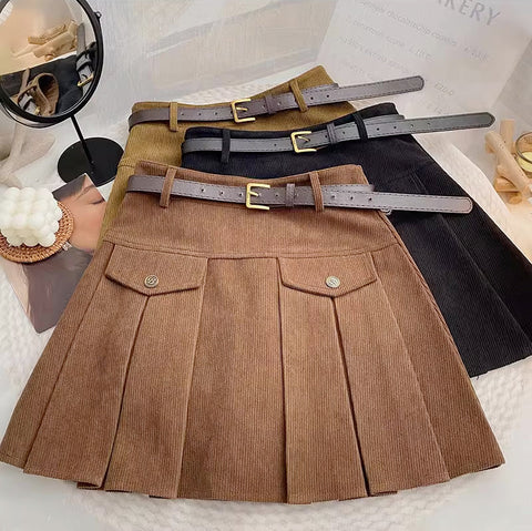 Corduroy Belted Pleat Skirt