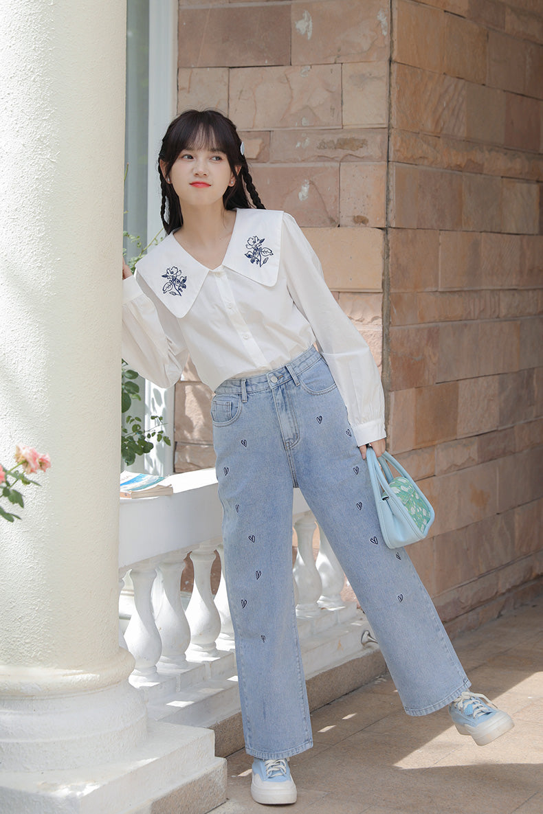 Doodle Hearts Embroidered Jeans