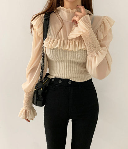 Ruffle High Neck Mixed Shirt