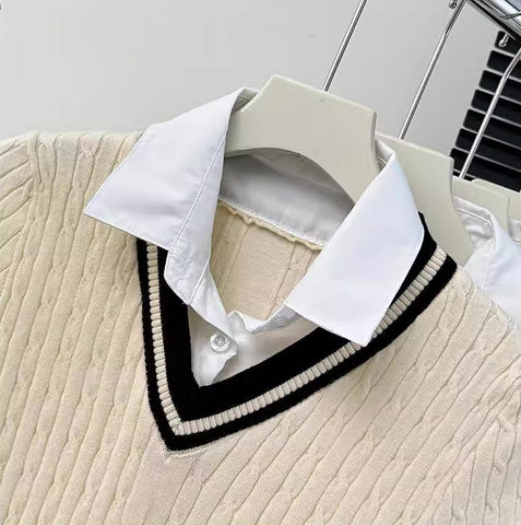 Knitted Polo Cropped Twofer Blouse