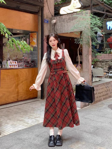 Merry Plaid Midi Pinafore Dress