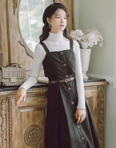 Suede Button Up Cami Pinafore Dress