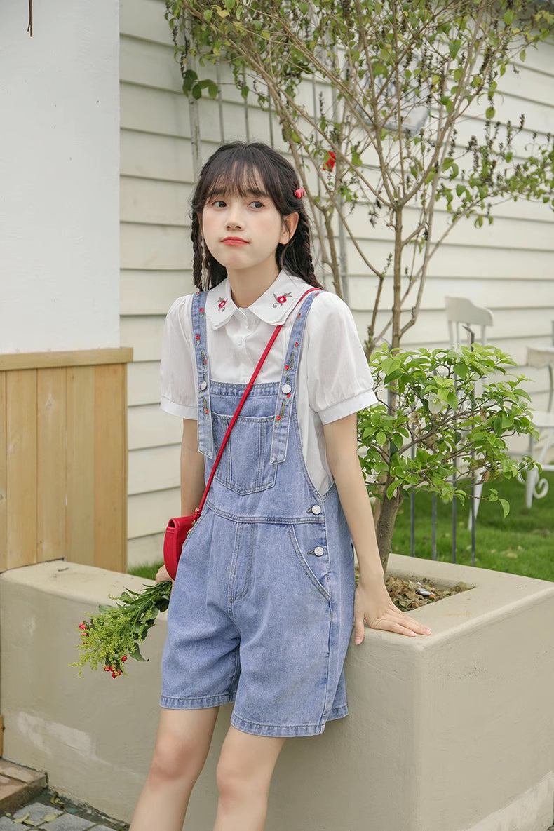 Rosy Days Embroidered Short Overalls