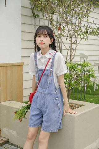 Rosy Days Embroidered Short Overalls
