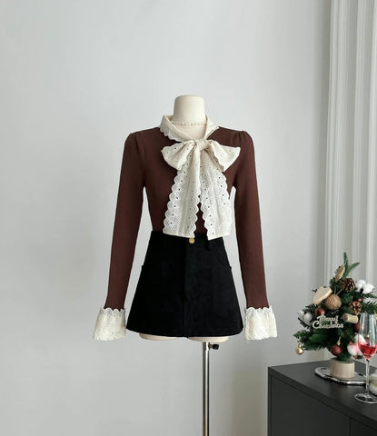 Lace Trim Tie Neck Sweater