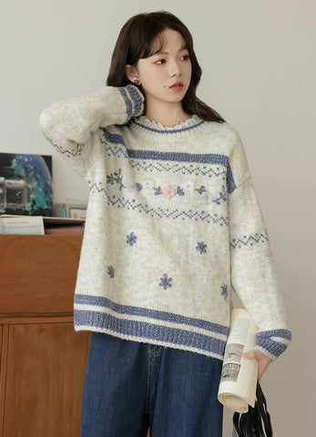 Embroidered Floral Fair Isle Sweater