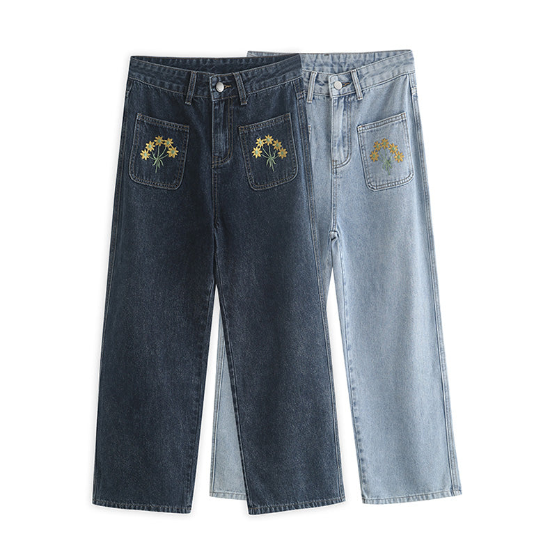 Jeans mit bestickter Sonnenblumentasche