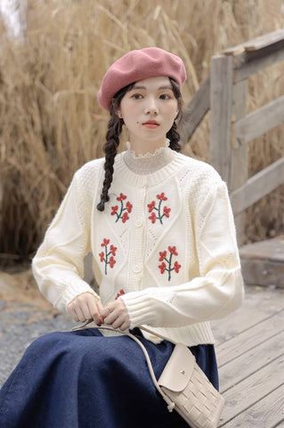 Ditsy Floral Embroidered Round Neck Cardigan