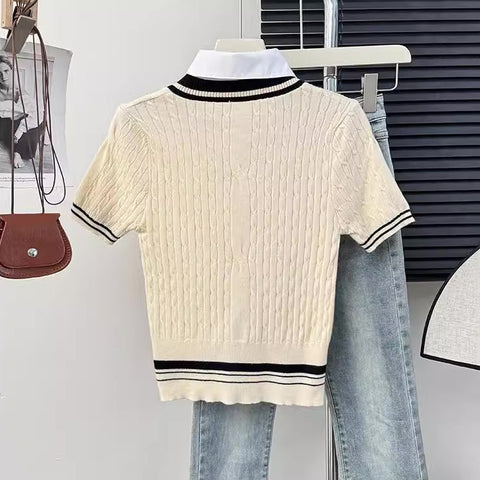 Knitted Polo Cropped Twofer Blouse