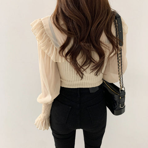 Ruffle High Neck Mixed Shirt