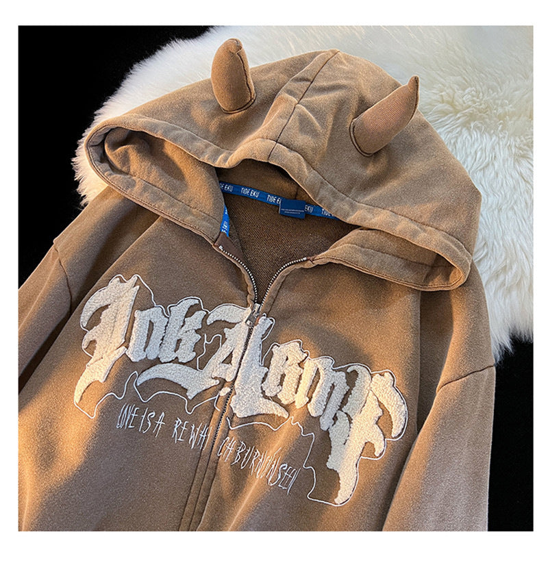 Horn Detail Fleece Lined Zip-Up Hoodie