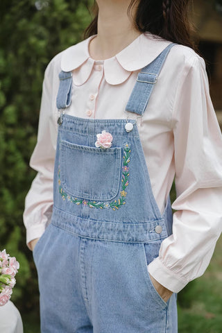 Retro Floral Embroidered Denim Overalls