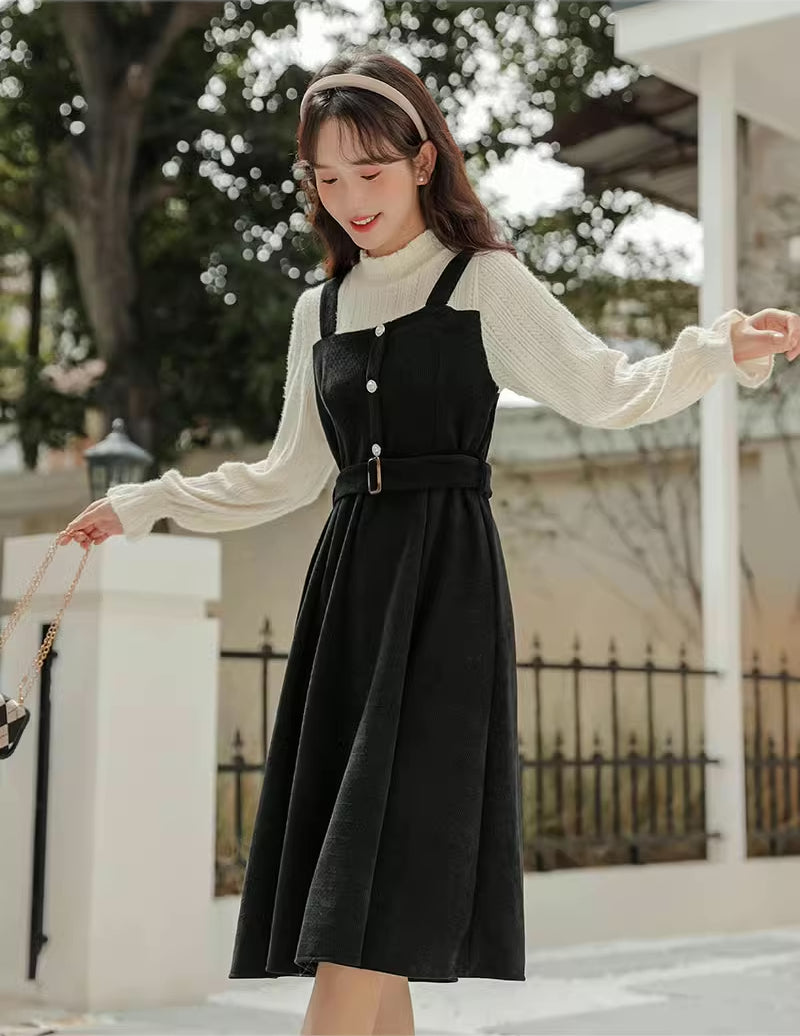 Corduroy Knit Belted Twofer Midi Dress