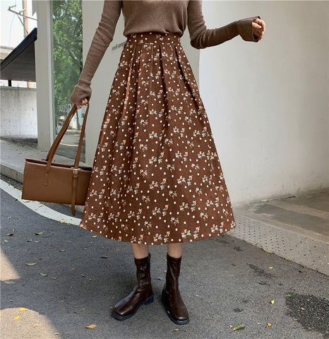 Raining Flowers Corduroy Midi Skirt