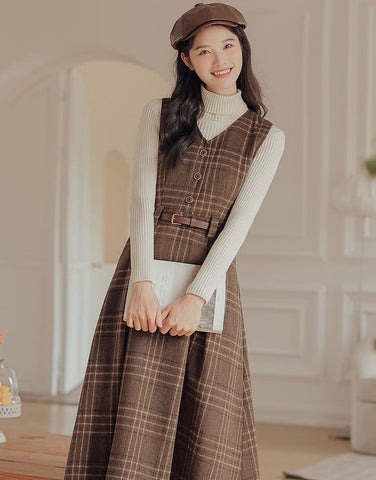 Coffee Plaid Midi Pinafore Dress