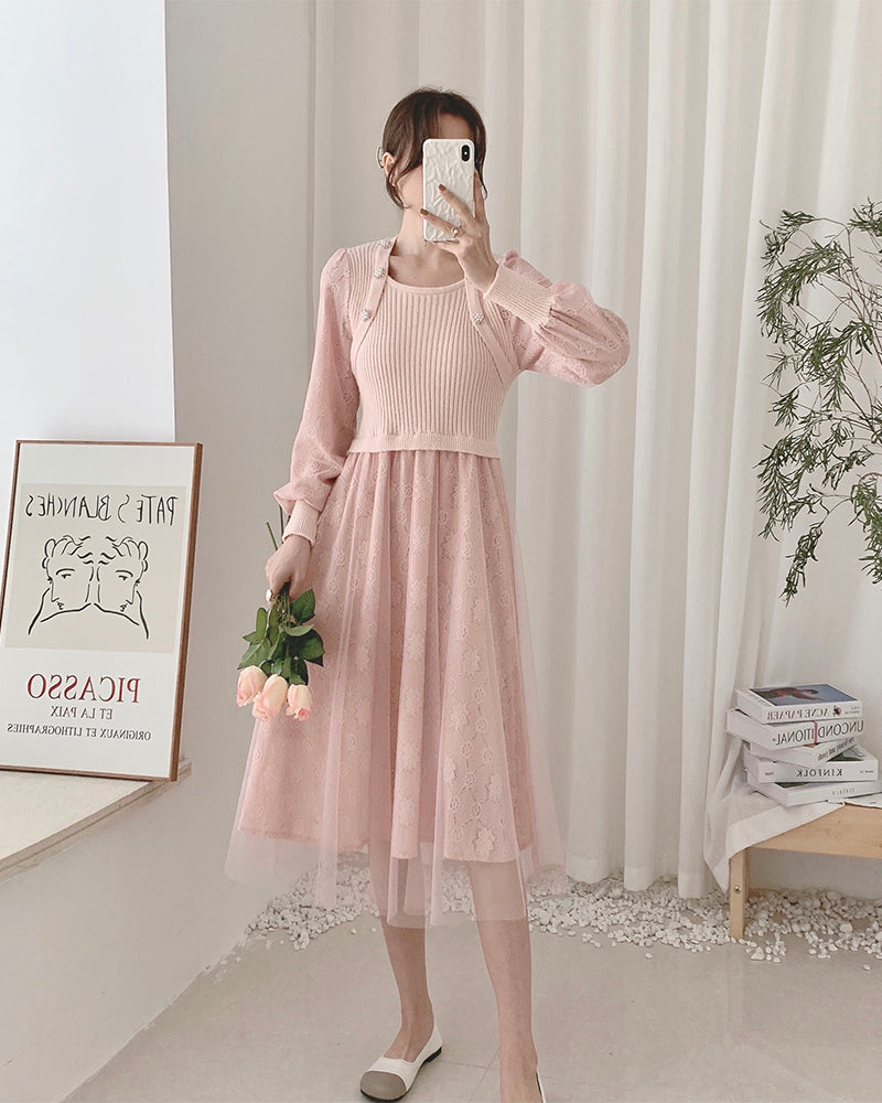 Vestido de suéter de punto con encaje