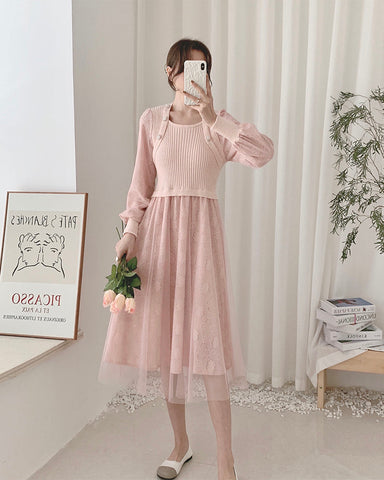 Vestido de suéter de punto con encaje