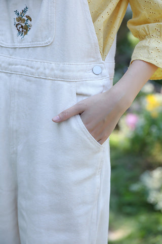 Bow Floral Embroidered Overalls