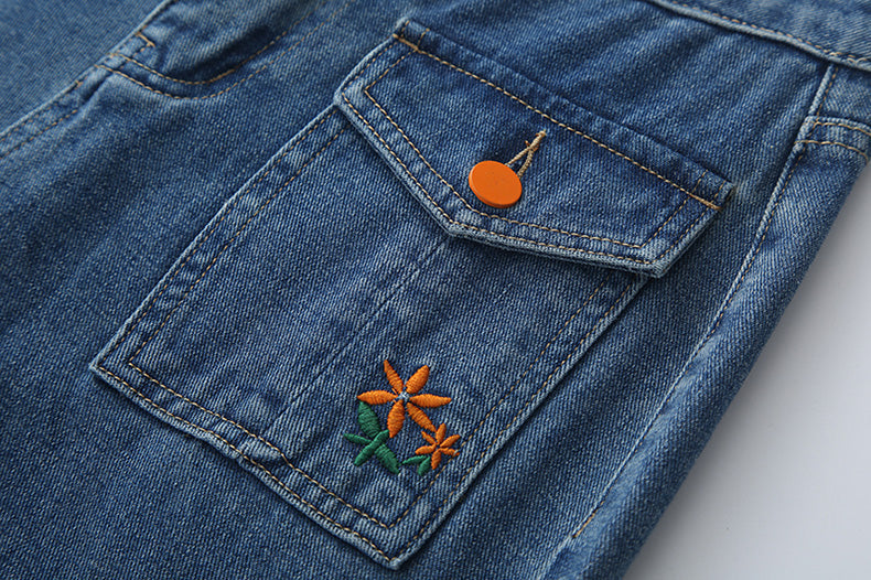 Embroidered Button Pocket Jeans