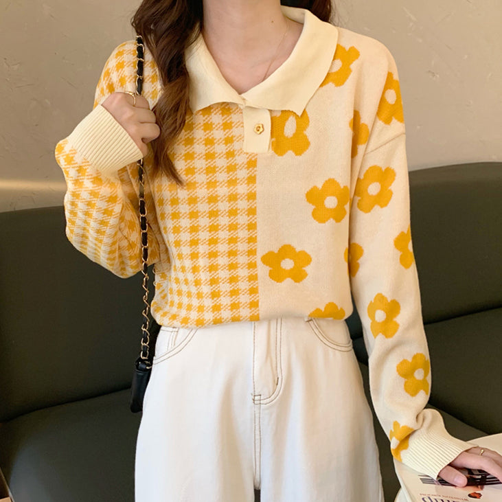 Suéter polo con estampado de margaritas y cuadros vichy