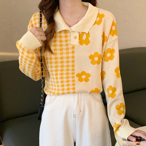 Suéter polo con estampado de margaritas y cuadros vichy