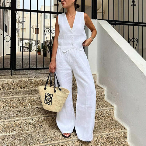 Cotton and Linen Sleeveless Vest Trousers Casual Suit
