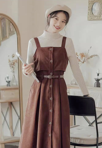 Suede Button Up Cami Pinafore Dress