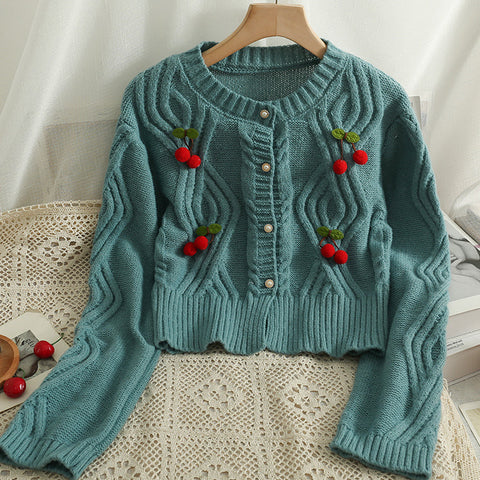 Cherry Pom Pom Cropped Cardigan
