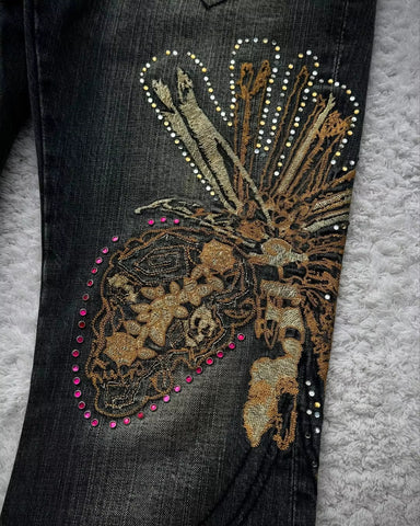 High Waist Vintage Butterfly Embroidered Pattern Jeans Pants