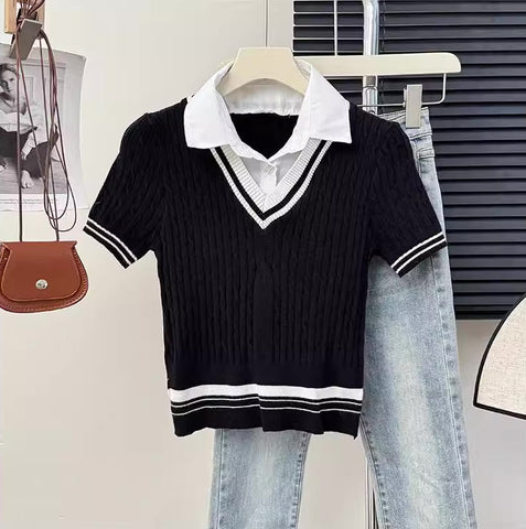 Knitted Polo Cropped Twofer Blouse