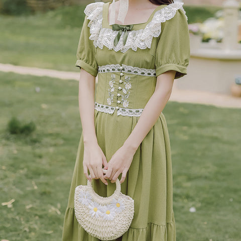 Vestido midi con corsé y margaritas de color matcha