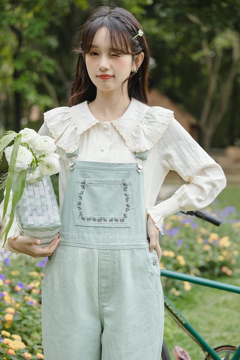 Flower Vines Embroidered Overalls