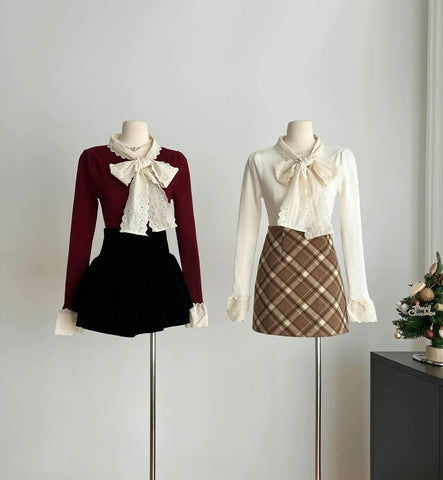 Lace Trim Tie Neck Sweater